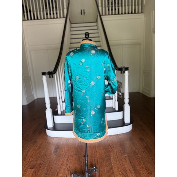 Turquoise Asian Silk Faux Fur Warm Cozy Coat Fall Winter Boho Artsy Chinoiserie - Picture 6 of 11